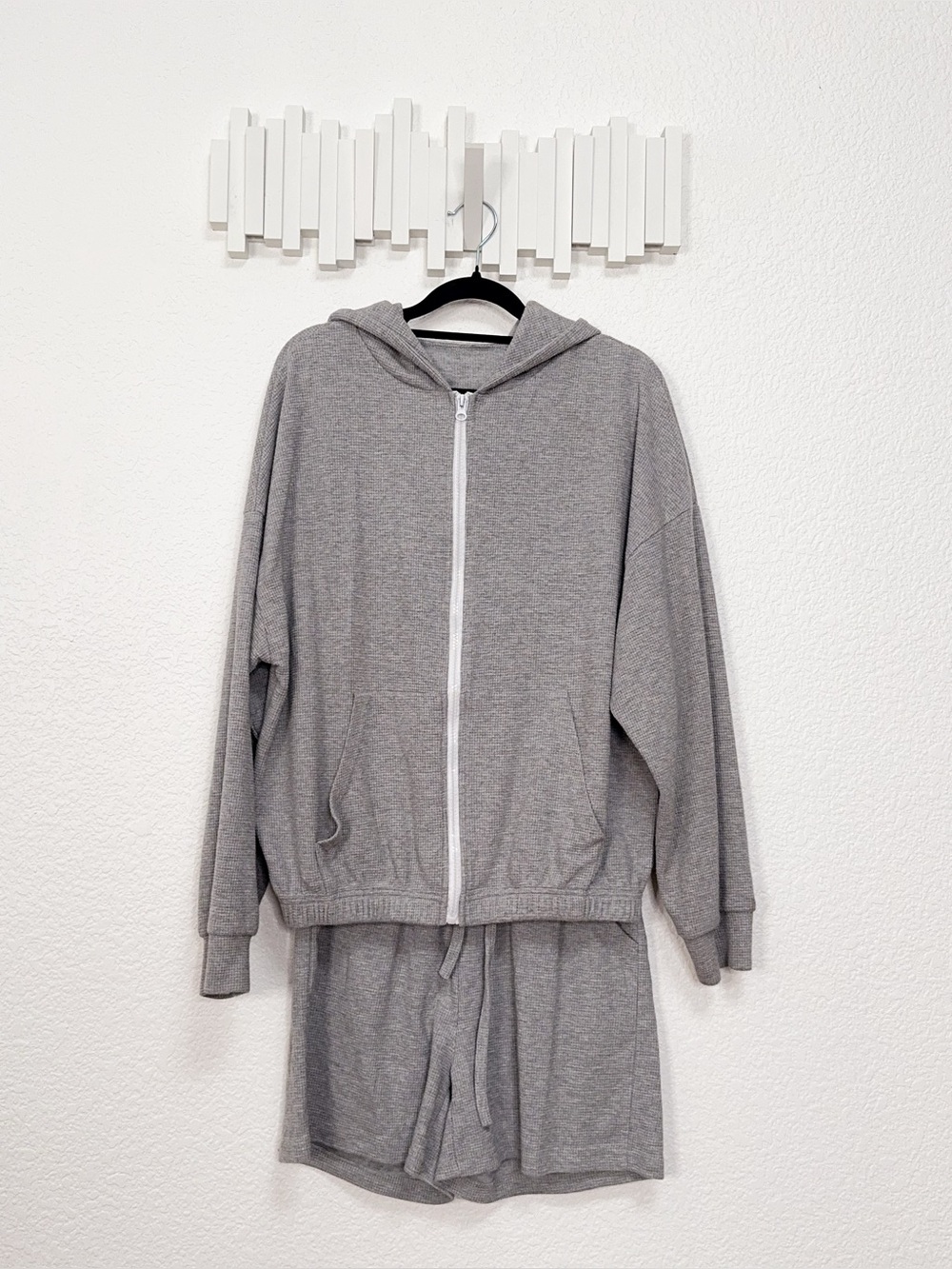 J.ING Gray Waffle Knit Zip Up Hoodie Shorts Two Piece Lounge Set One Size